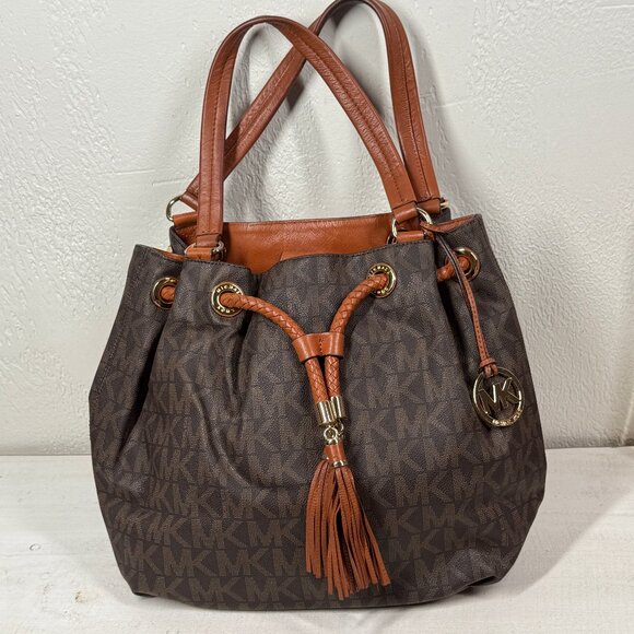 Michael Kors Jet Set Signature Drawstring Tote Brown MK Monogram Leather Trim - Picture 1 of 15